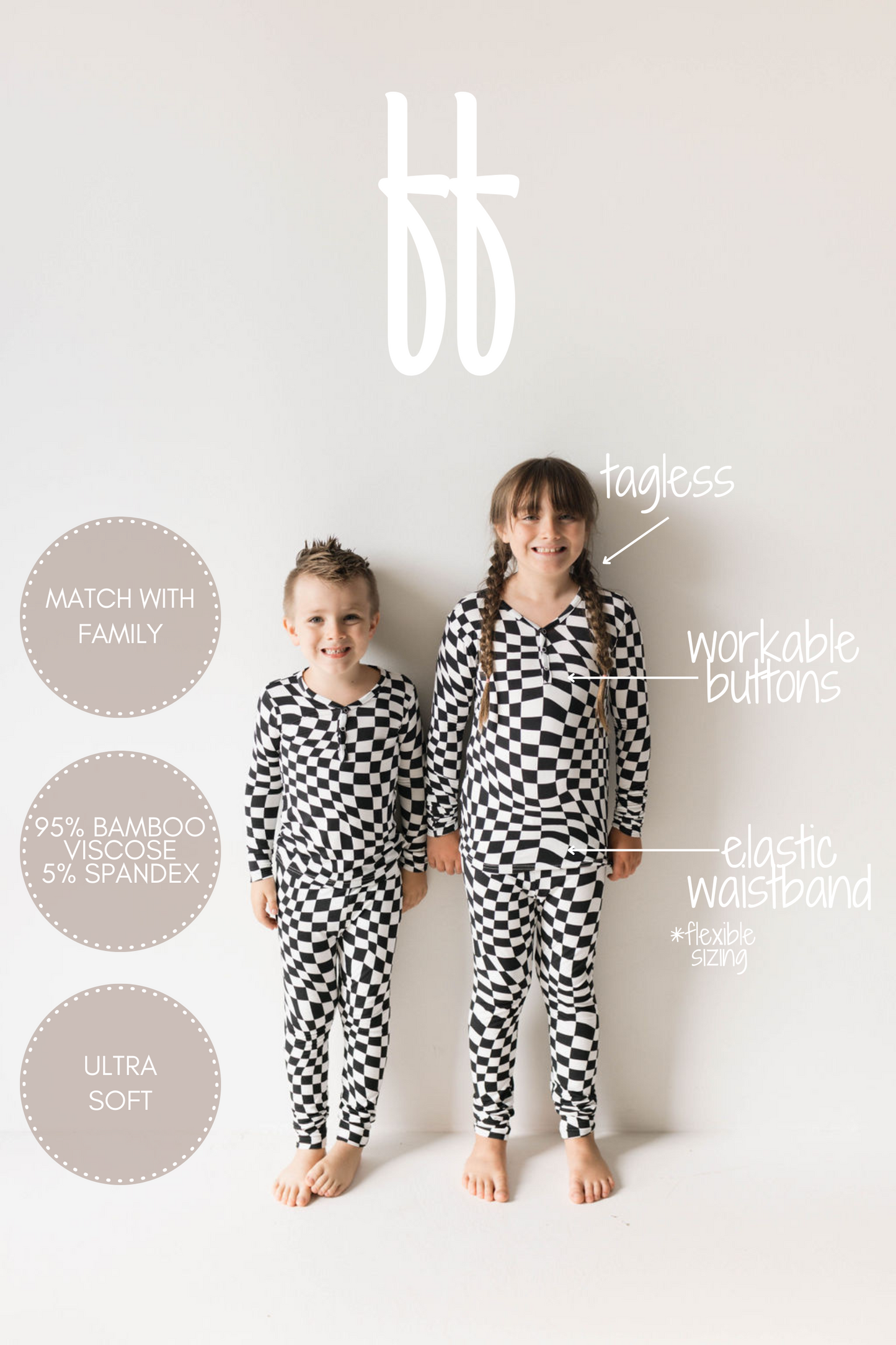 Bamboo Two Piece Pajamas | Black & White Wavy Checkerboard