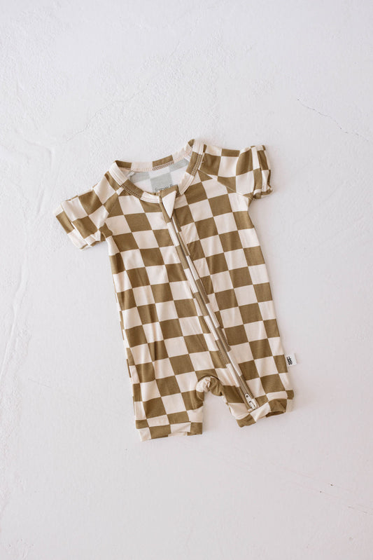 Shortie Bamboo Zip | Olive Checkerboard