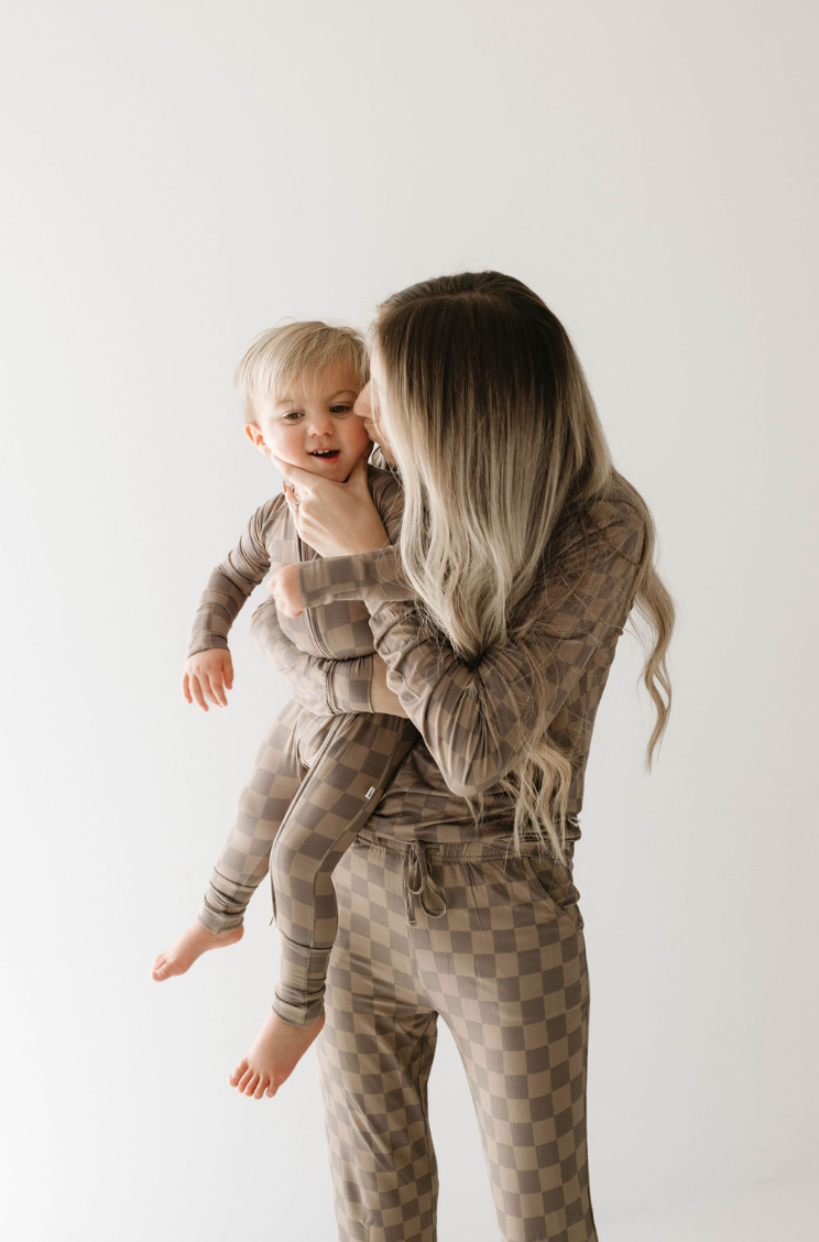 Bamboo Zip Pajamas | Faded Brown Checkerboard