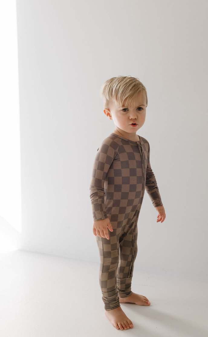 Bamboo Zip Pajamas | Faded Brown Checkerboard