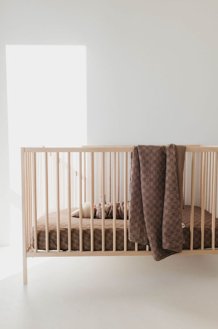 Muslin Crib Sheet | Faded Brown Checkerboard