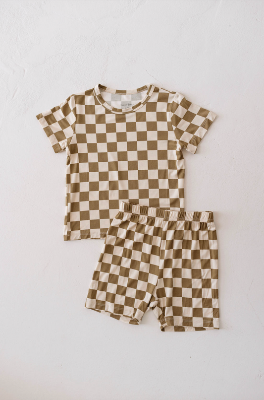 Bamboo Short Set | Olive  Checkerboard