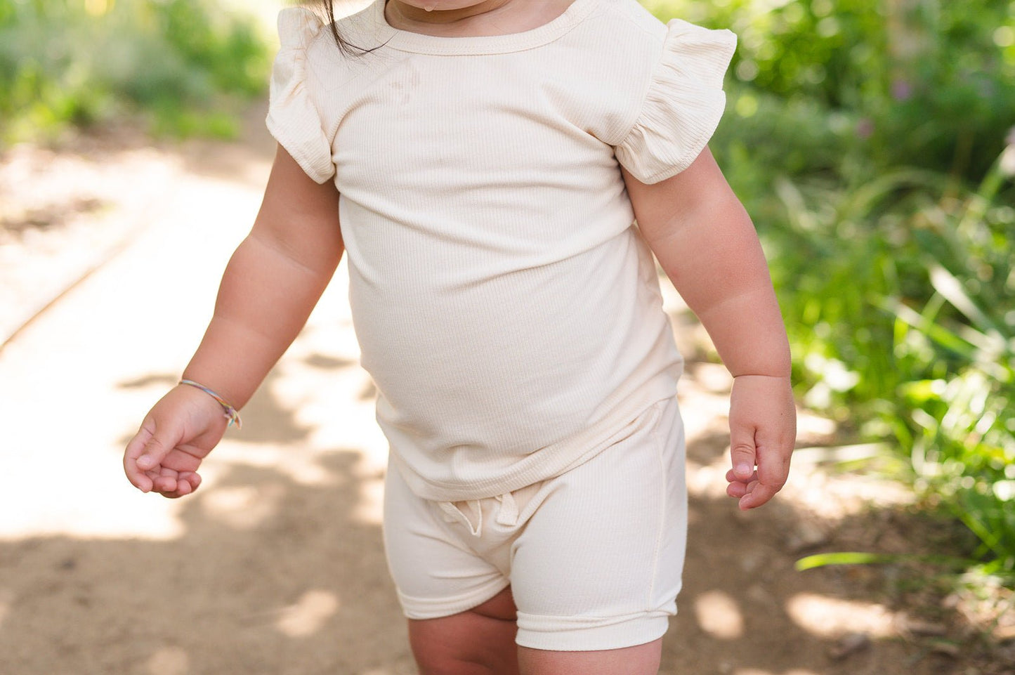 Ruffle Ribbed Short Set - Cream