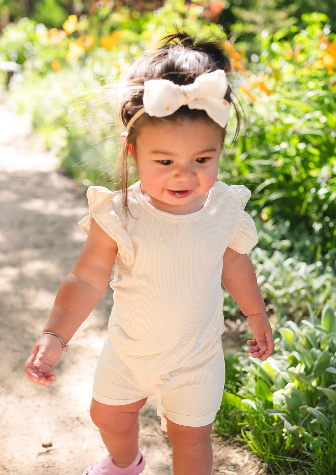 Ruffle Ribbed Short Set - Cream